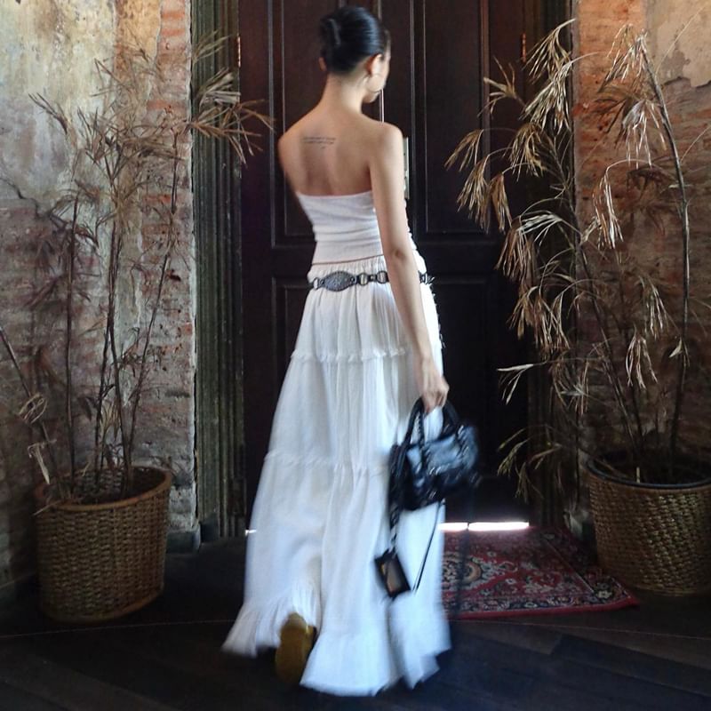 Tube Tiered / Plain Maxi Elastic Waist Ruffle A-Line Top Skirt