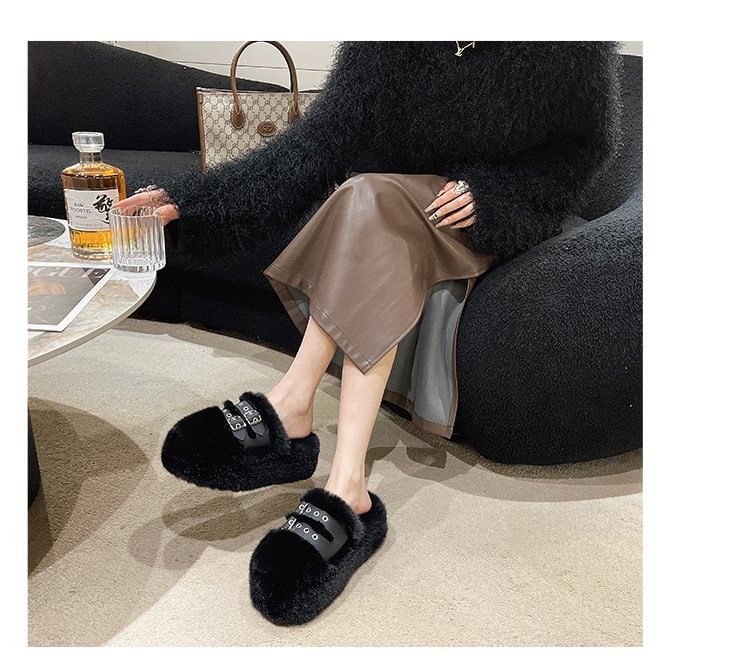 Buckled Fleece Platform Sandals
