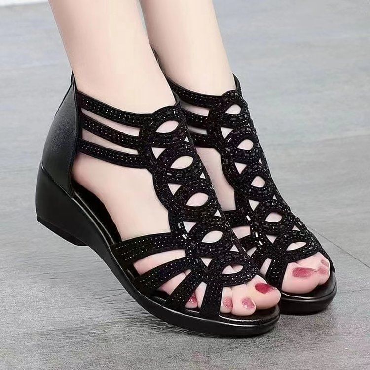 Glitter Low-Heel Sandals Perforated