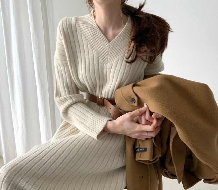 Long-Sleeve V-Neck Plain Ribbed Midi Sweater Dress