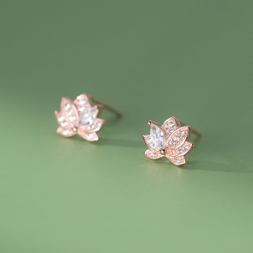 925 Sterling Silver Rhinestone Lotus Stud Earring