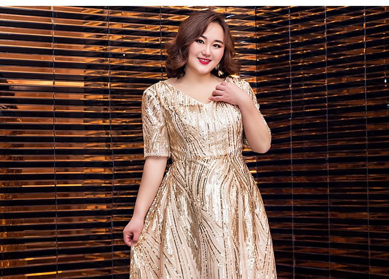Shiny V-Neck Gown Short-Sleeve Evening Plus A-Line Size