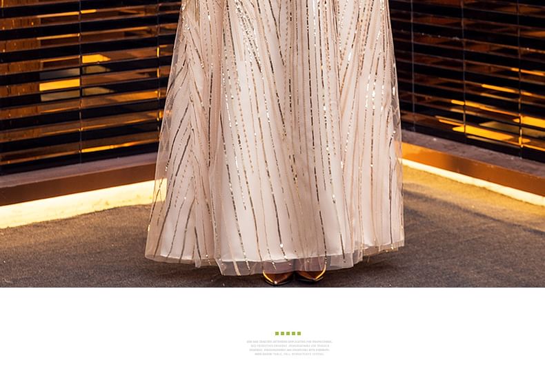 Shiny V-Neck Gown Short-Sleeve Evening Plus A-Line Size