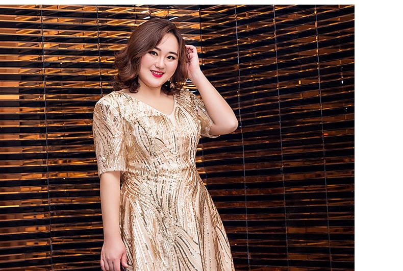 Shiny V-Neck Gown Short-Sleeve Evening Plus A-Line Size