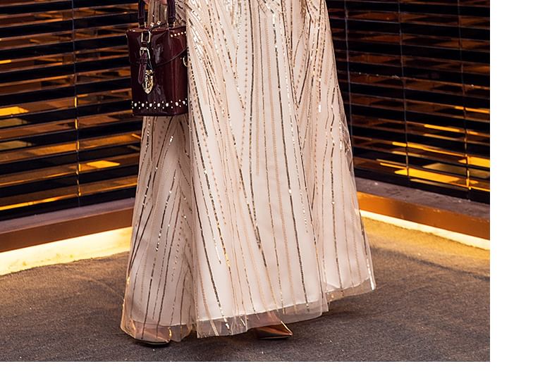 Shiny V-Neck Gown Short-Sleeve Evening Plus A-Line Size