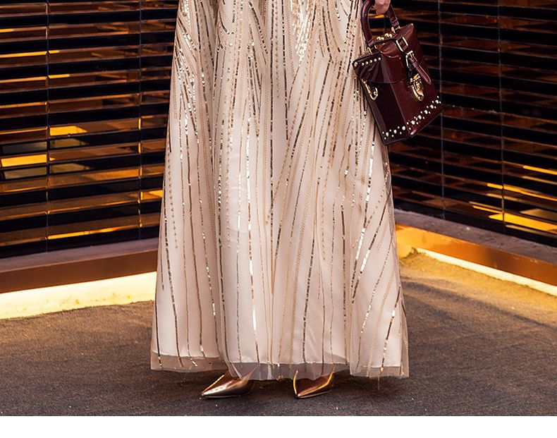 Shiny V-Neck Gown Short-Sleeve Evening Plus A-Line Size