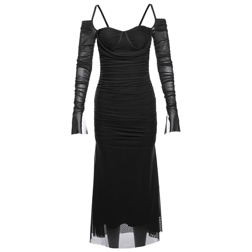 Cold Long-Sleeve Plain Sheath Shoulder Ruched Midi Dress