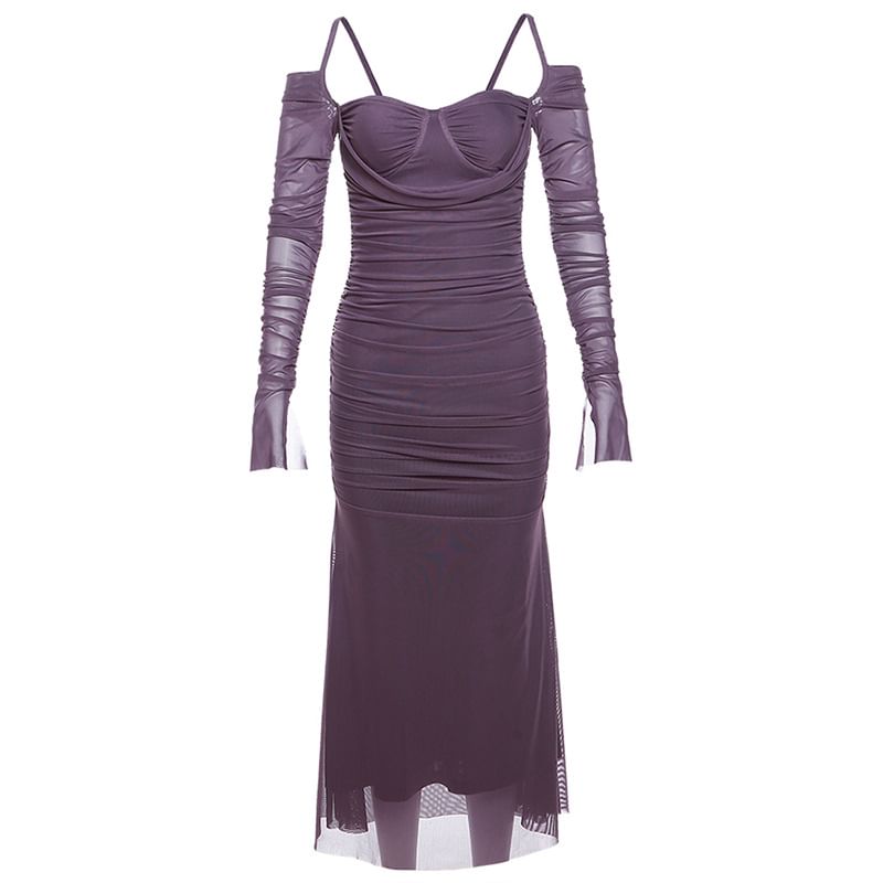 Cold Long-Sleeve Plain Sheath Shoulder Ruched Midi Dress