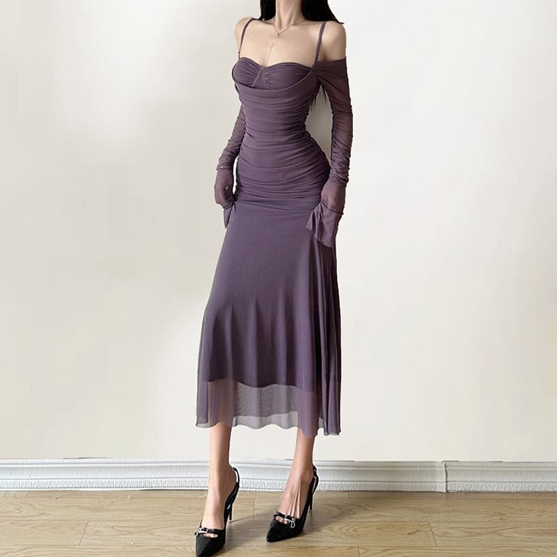 Cold Long-Sleeve Plain Sheath Shoulder Ruched Midi Dress
