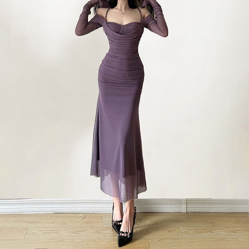Cold Long-Sleeve Plain Sheath Shoulder Ruched Midi Dress