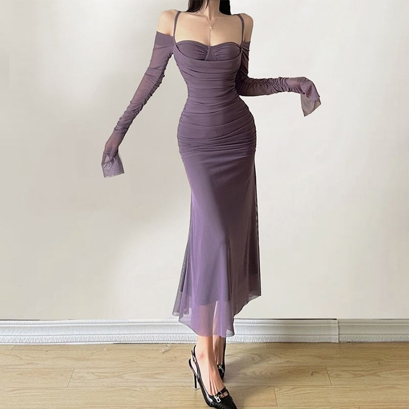 Cold Long-Sleeve Plain Sheath Shoulder Ruched Midi Dress