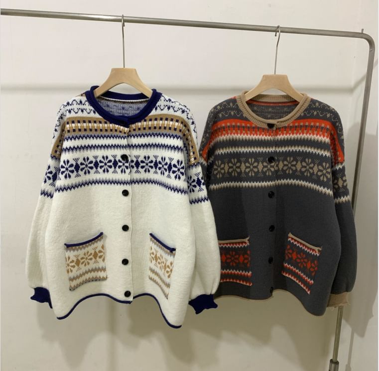 Pattern Button-Up Crewneck Cardigan