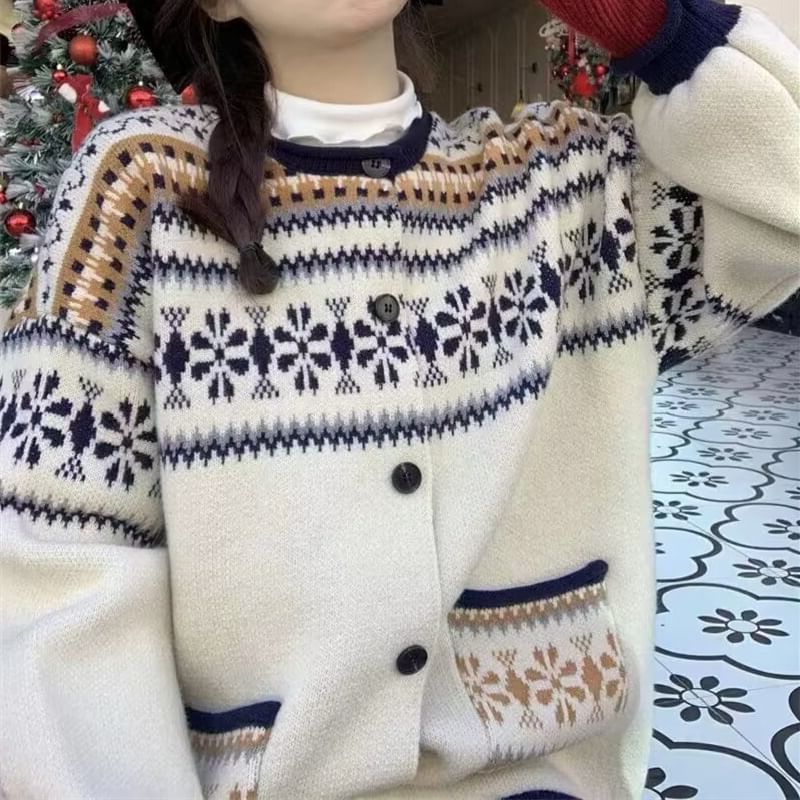 Pattern Button-Up Crewneck Cardigan