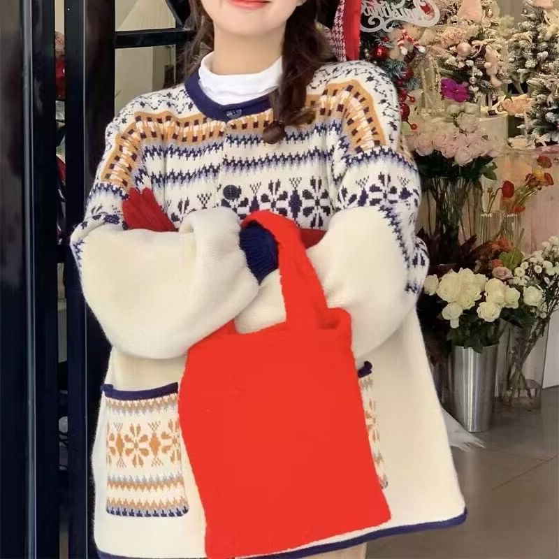 Pattern Button-Up Crewneck Cardigan