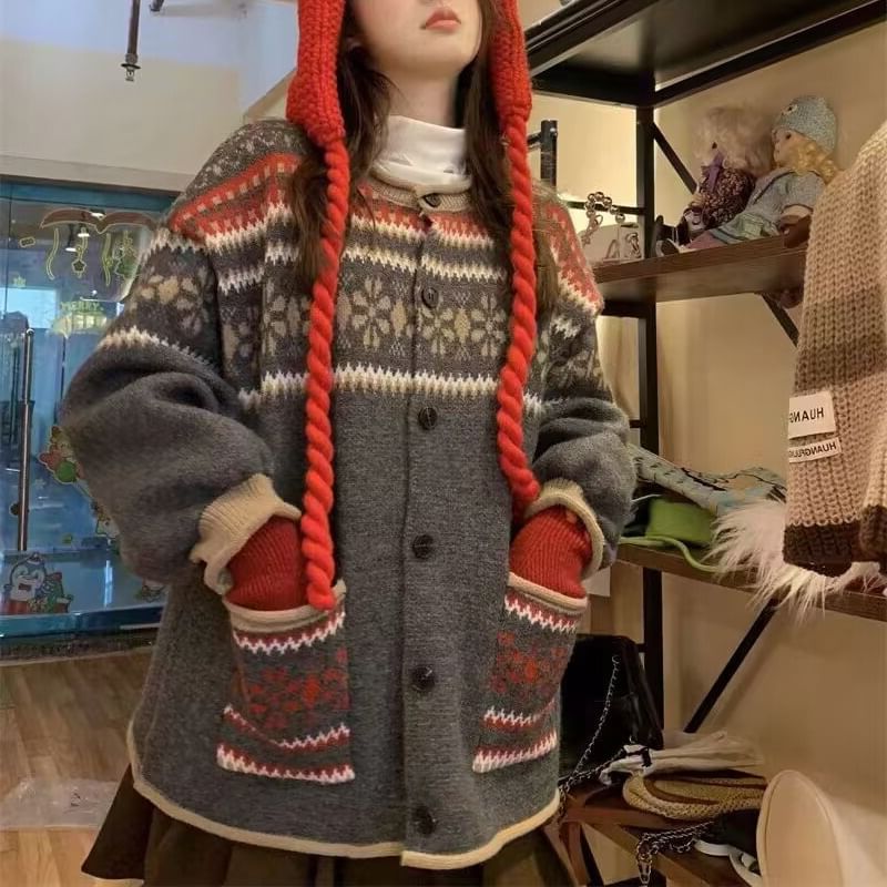 Pattern Button-Up Crewneck Cardigan