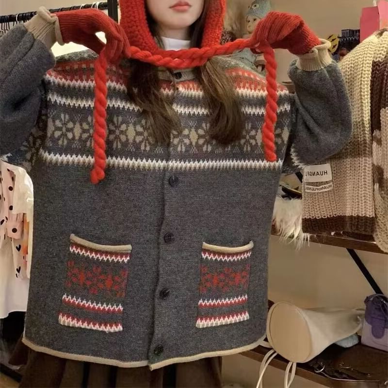 Pattern Button-Up Crewneck Cardigan