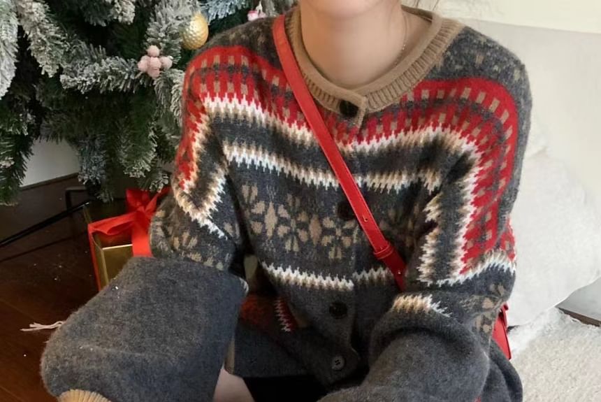 Pattern Button-Up Crewneck Cardigan