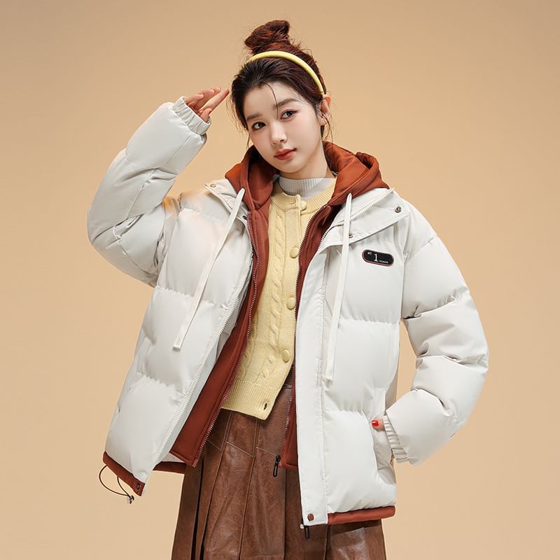 Mock Two-Piece Two-Tone Padded Hooded Drawstring Zip Jacket