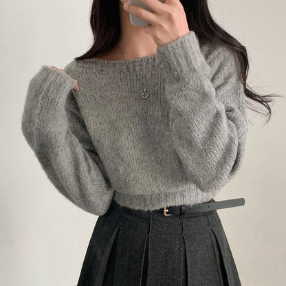 Set: Off-Shoulder Plain Sweater + Scarf