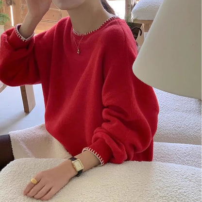 Crew Neck Plain Contrast Stitching Sweater