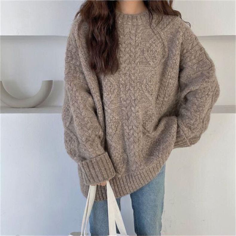Knit Crew Plain Sweater Cable Neck Long-Sleeve