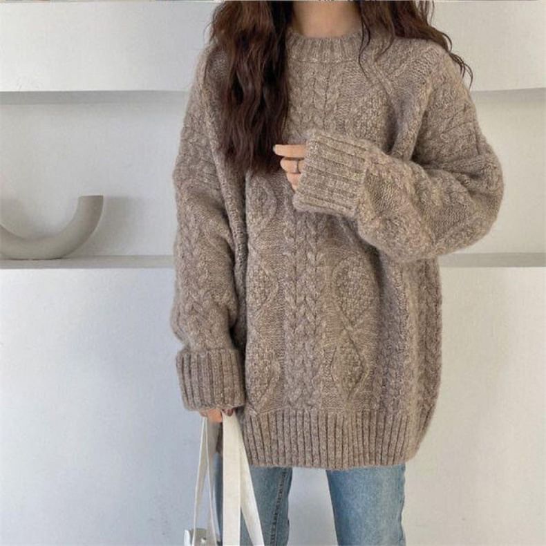 Knit Crew Plain Sweater Cable Neck Long-Sleeve