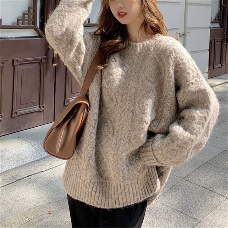 Knit Crew Plain Sweater Cable Neck Long-Sleeve