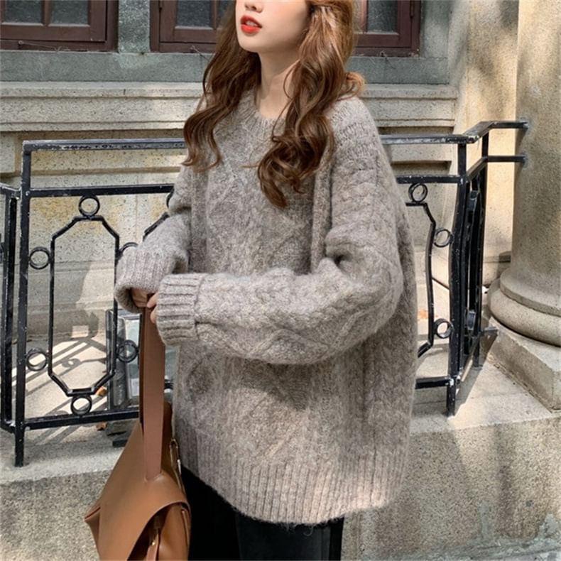 Knit Crew Plain Sweater Cable Neck Long-Sleeve
