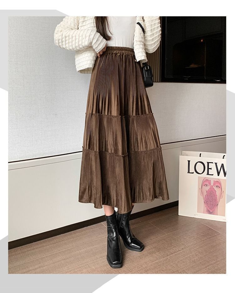 Skirt Elastic A-Line Tiered Waist Velvet Plain Midi