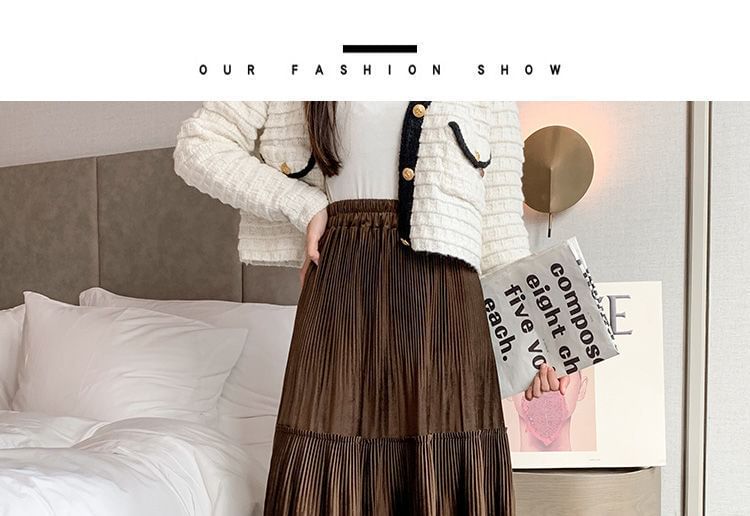 Skirt Elastic A-Line Tiered Waist Velvet Plain Midi