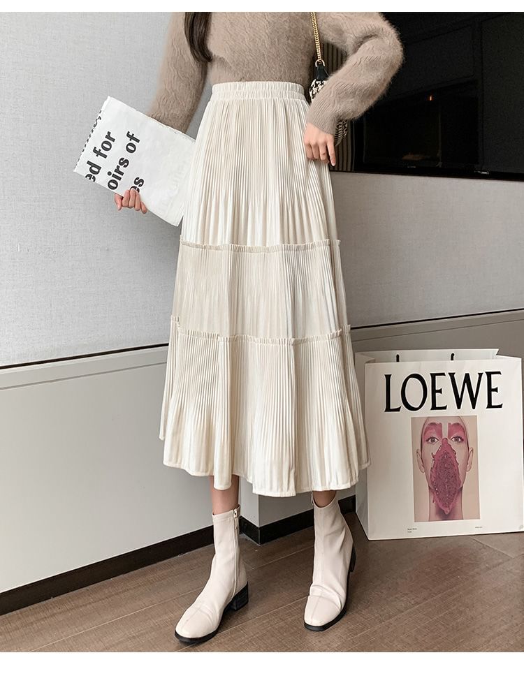 Skirt Elastic A-Line Tiered Waist Velvet Plain Midi