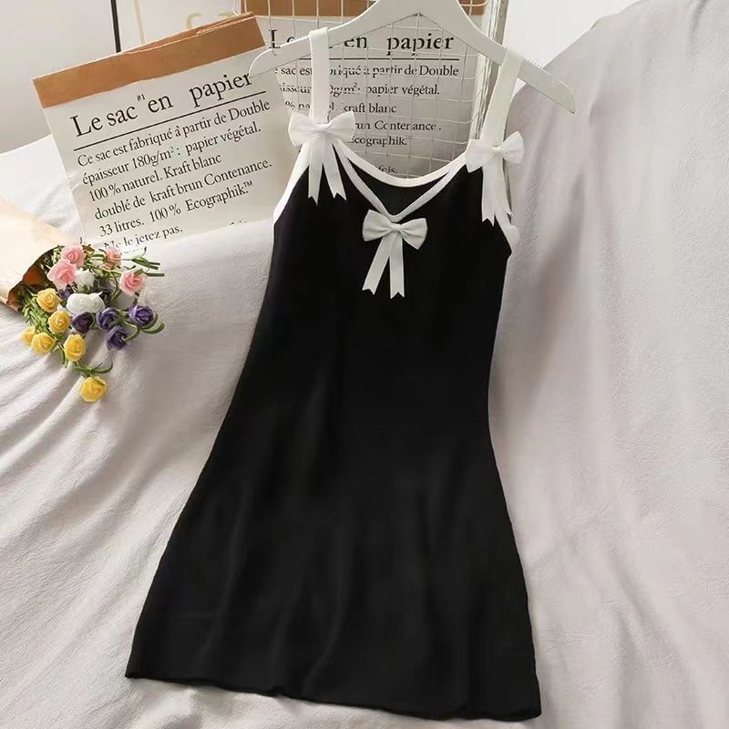 Bodycon Dress Contrast Spaghetti Strap Bow Mini Trim