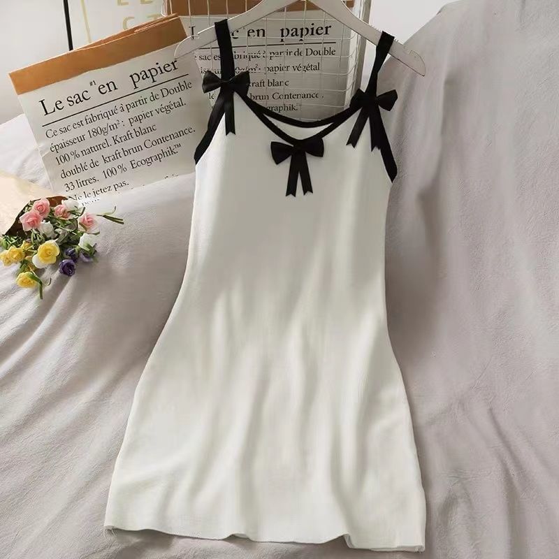 Bodycon Dress Contrast Spaghetti Strap Bow Mini Trim