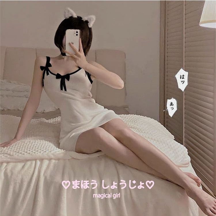 Bodycon Dress Contrast Spaghetti Strap Bow Mini Trim