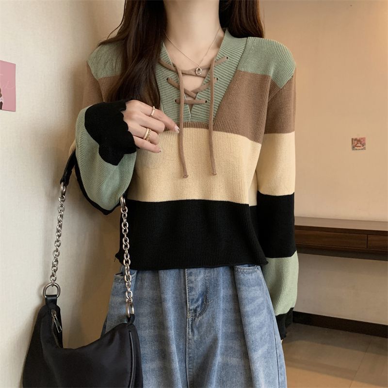 Sweater Color V-Neck Block Lace-Up