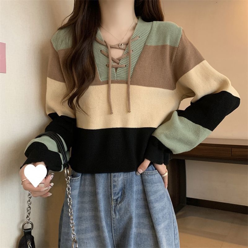Sweater Color V-Neck Block Lace-Up