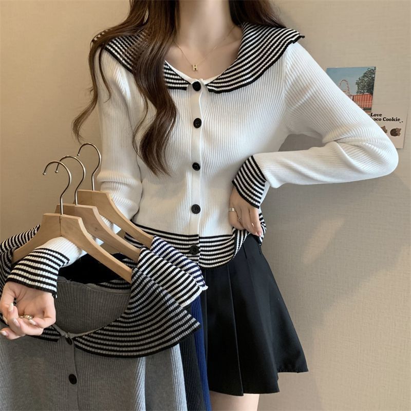 Top Collar Ribbed Button Knit Long-Sleeve Panel Striped