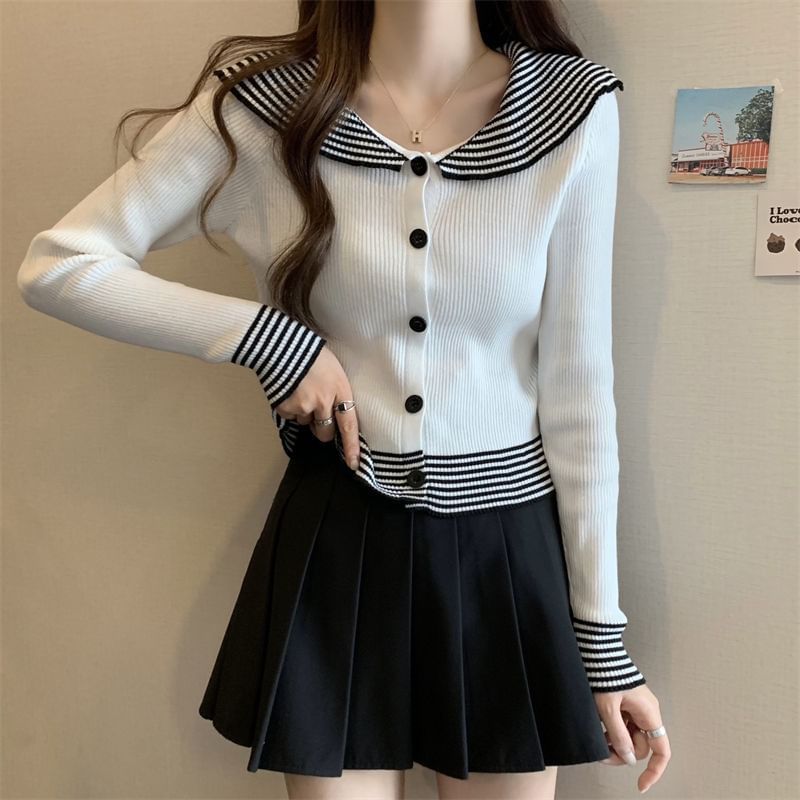 Top Collar Ribbed Button Knit Long-Sleeve Panel Striped