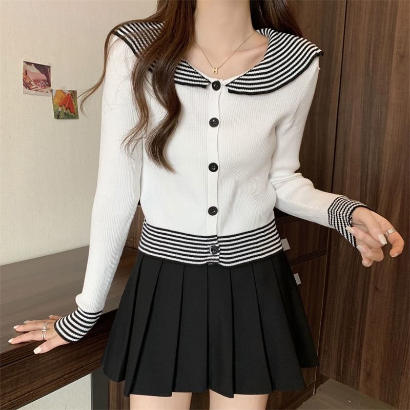 Top Collar Ribbed Button Knit Long-Sleeve Panel Striped