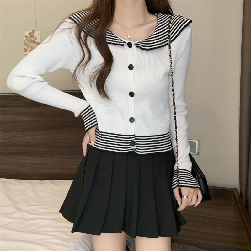 Top Collar Ribbed Button Knit Long-Sleeve Panel Striped