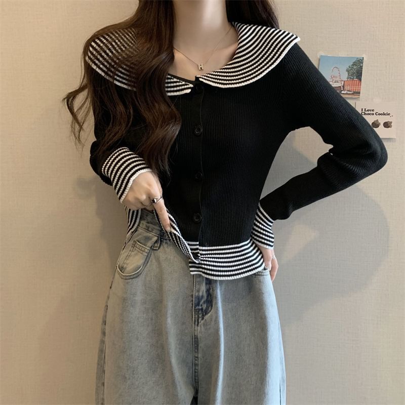 Top Collar Ribbed Button Knit Long-Sleeve Panel Striped