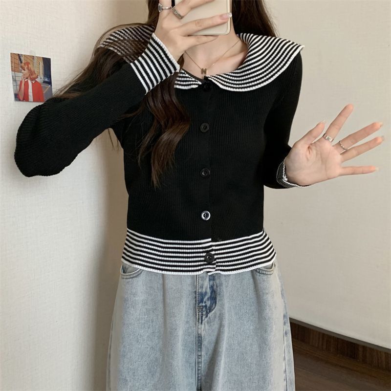 Top Collar Ribbed Button Knit Long-Sleeve Panel Striped
