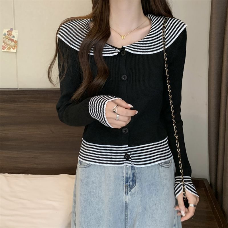 Top Collar Ribbed Button Knit Long-Sleeve Panel Striped