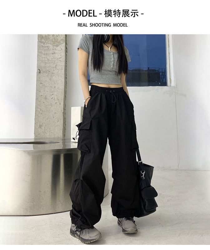 Pants Waist Drawstring Wide Leg Cargo Plain