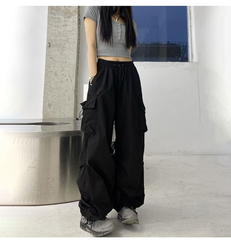 Pants Waist Drawstring Wide Leg Cargo Plain