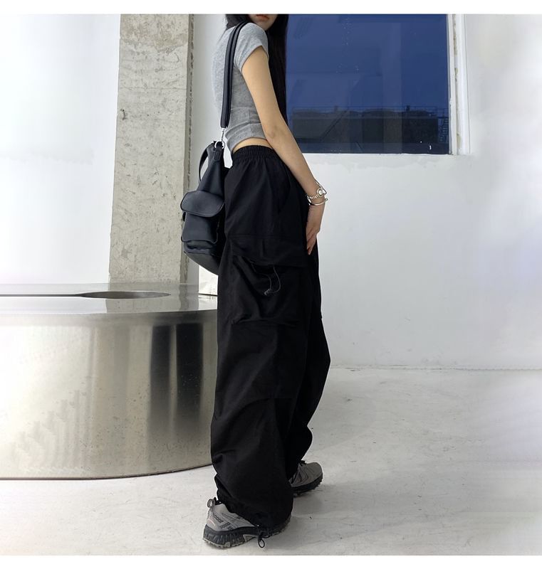 Pants Waist Drawstring Wide Leg Cargo Plain