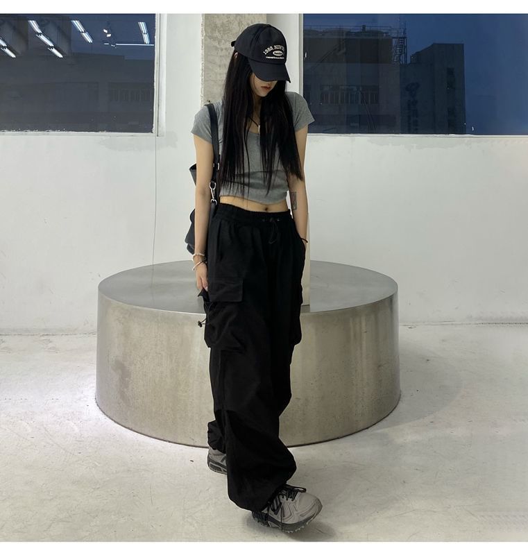 Pants Waist Drawstring Wide Leg Cargo Plain