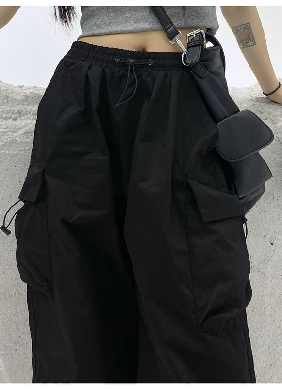 Pants Waist Drawstring Wide Leg Cargo Plain