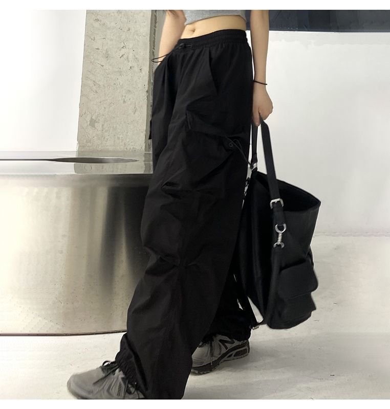 Pants Waist Drawstring Wide Leg Cargo Plain