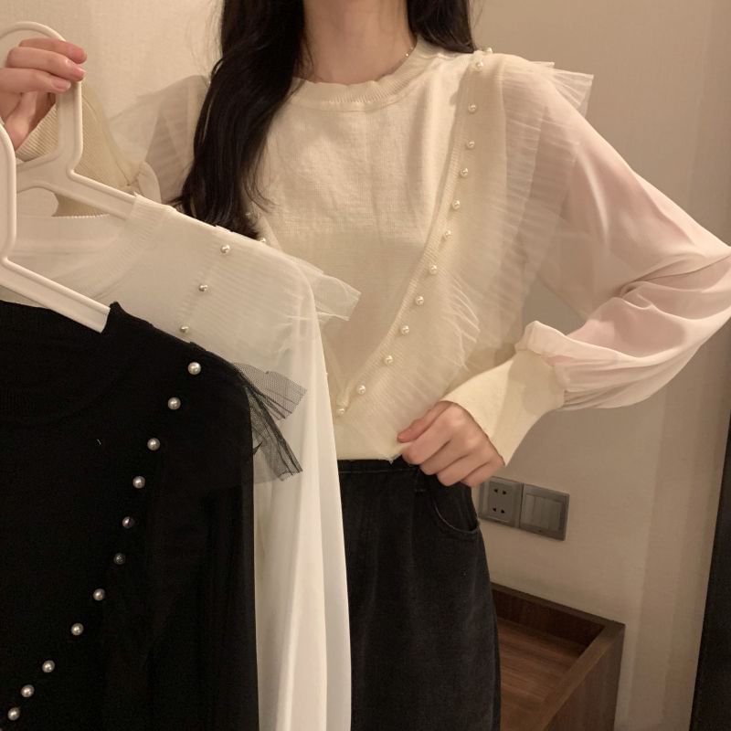 Ruffle Knit Crew Pearl Faux Trim Long-Sleeve Neck Plain Top